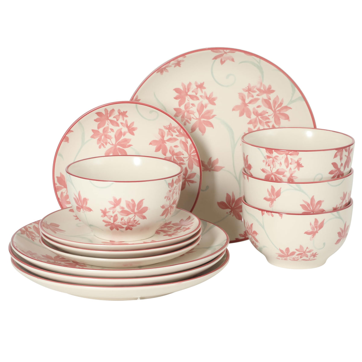 12-Piece Matte Stoneware Dinnerware Set with Pink Floral Pattern M4945