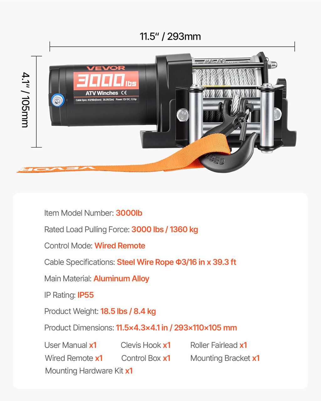 12V DC Electric Winch with Steel Wire Rope and Wired Remote Control E317