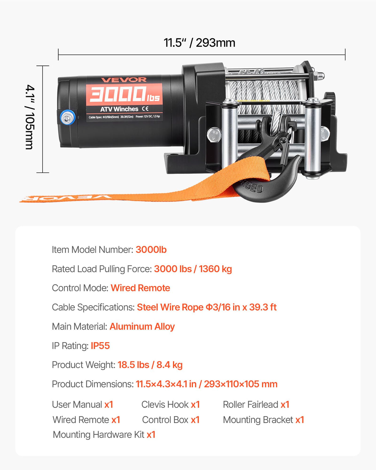 12V DC Electric Winch with Steel Wire Rope and Wired Remote Control E317
