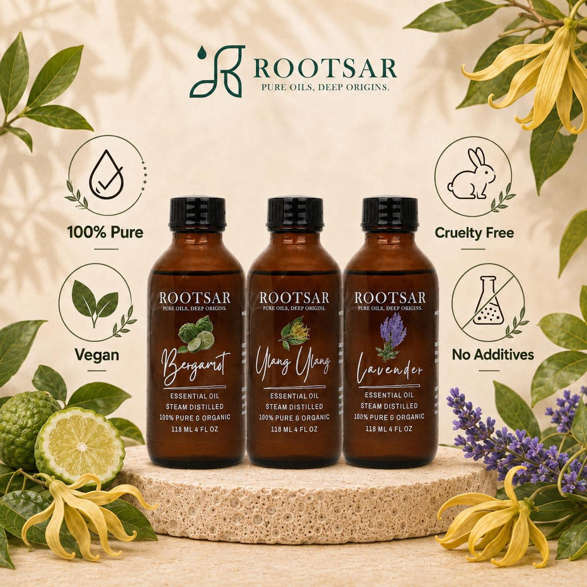 3 Pack Lavender Ylang Ylang Bergamot Essential Oils 4 Fl Oz X7565
