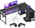 61" L Shaped Gaming Desk with 4 Drawers and Power Outlets, Black F384