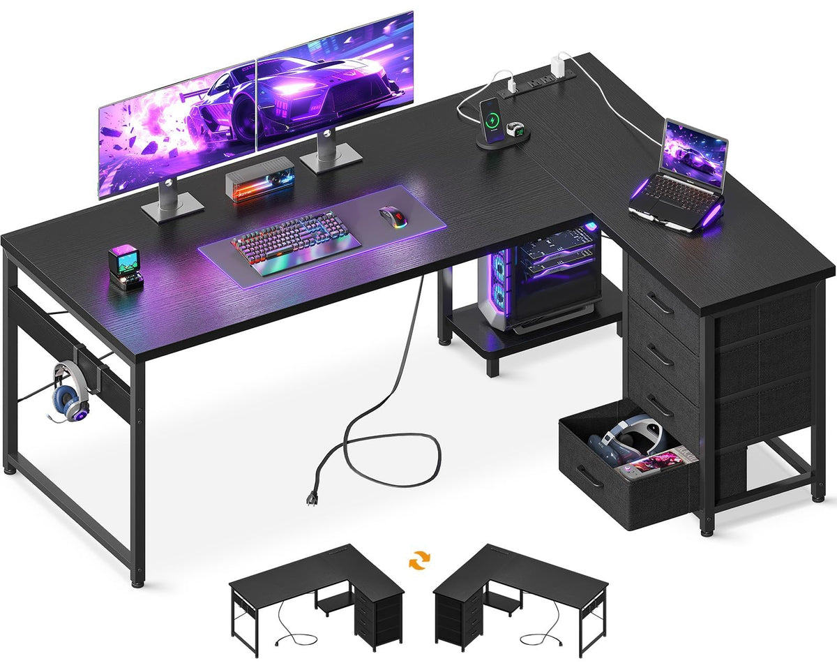 61" L Shaped Gaming Desk with 4 Drawers and Power Outlets, Black F384