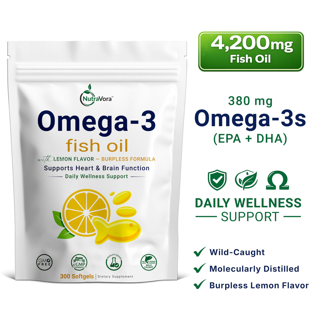 Omega 3 Fish Oil 4,200 mg Lemon Flavor 300 Softgels E521