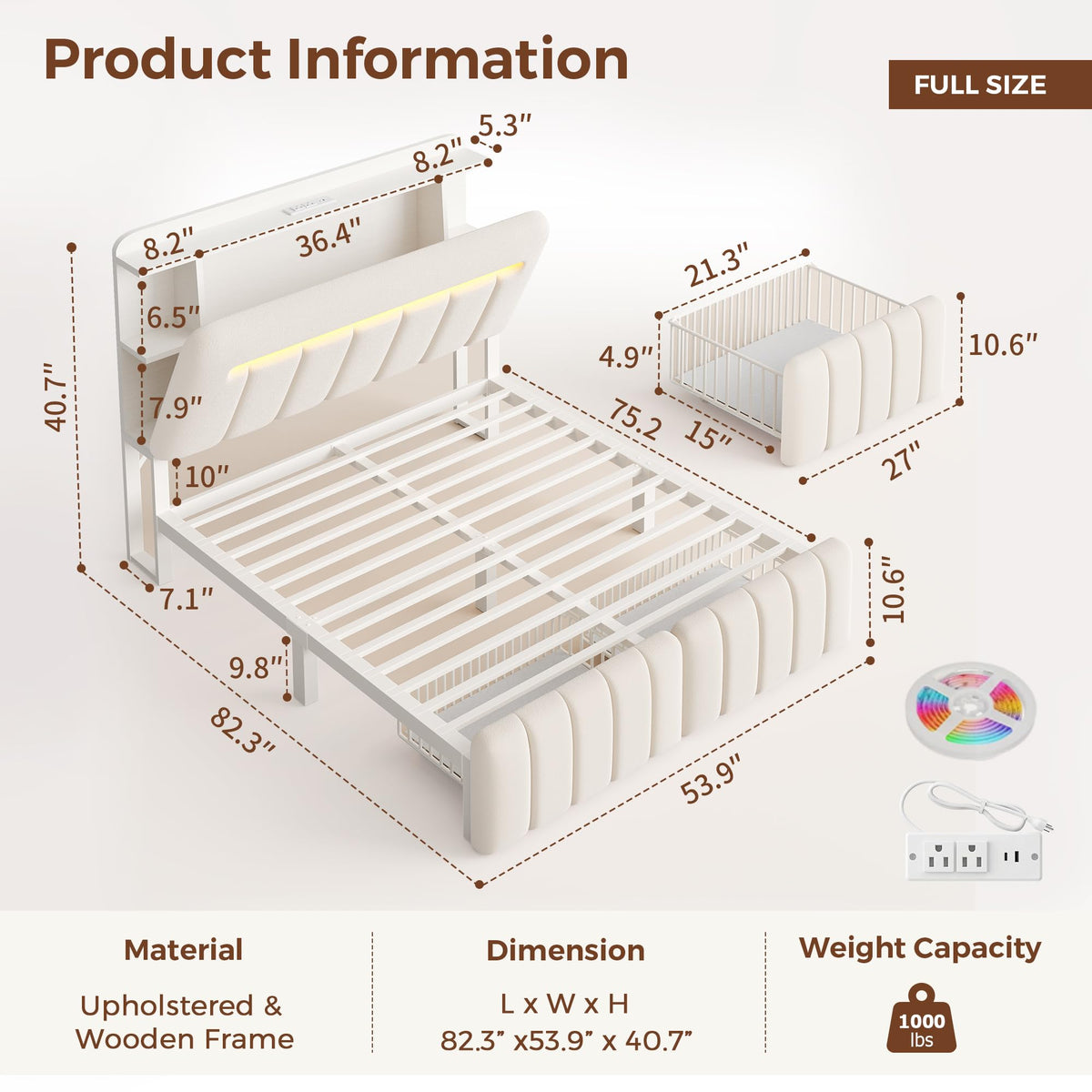 White Upholstered Storage Bed Frame Full Size with Drawers and Charging Station X85553