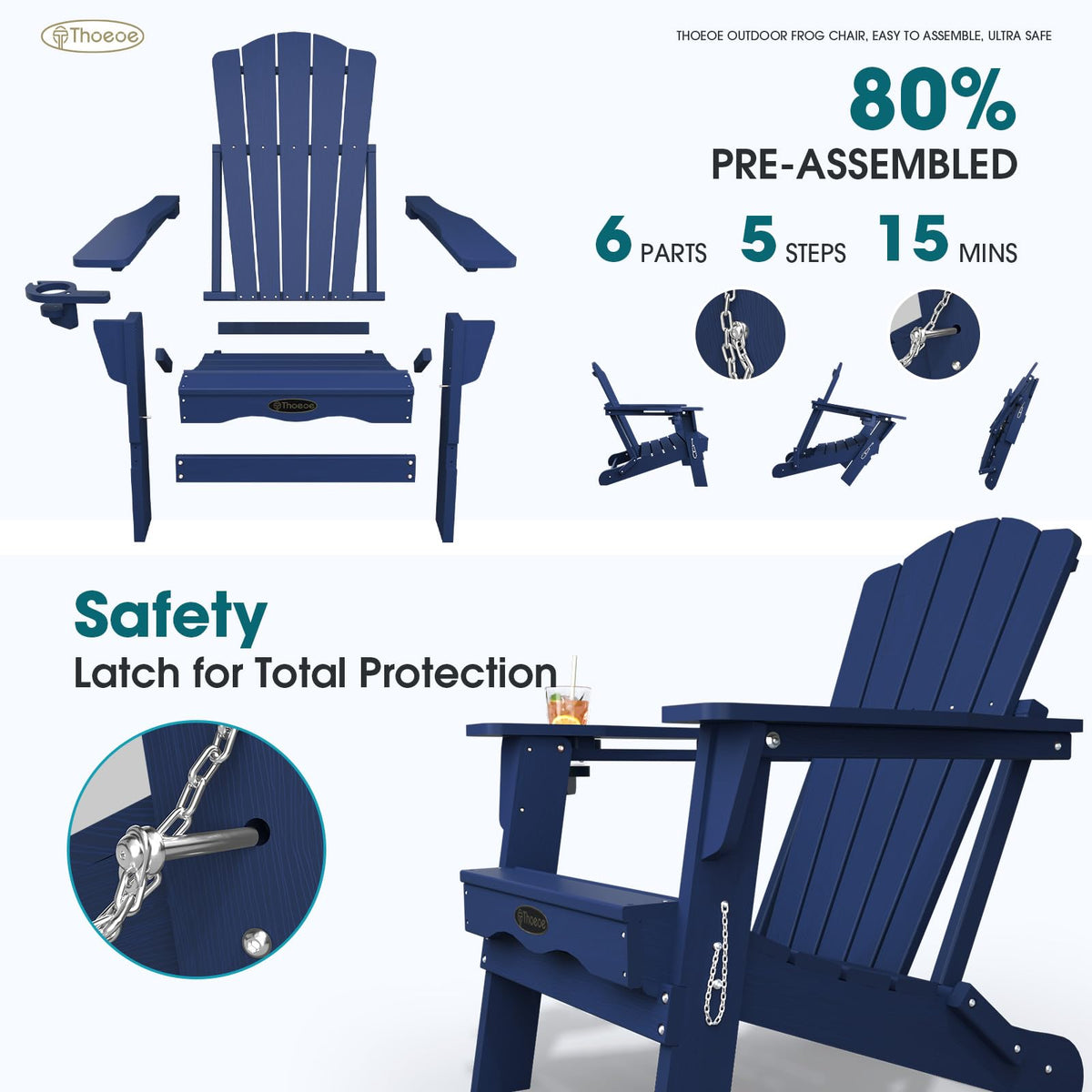 Folding Adirondack Chair Set of 2 HDPE All-Weather Outdoor Chair V969101
