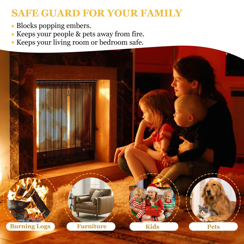 Fireplace Mesh Screen Curtain Kit with Adjustable Rod and Panels 19" H × 24" W Black Matte Y309