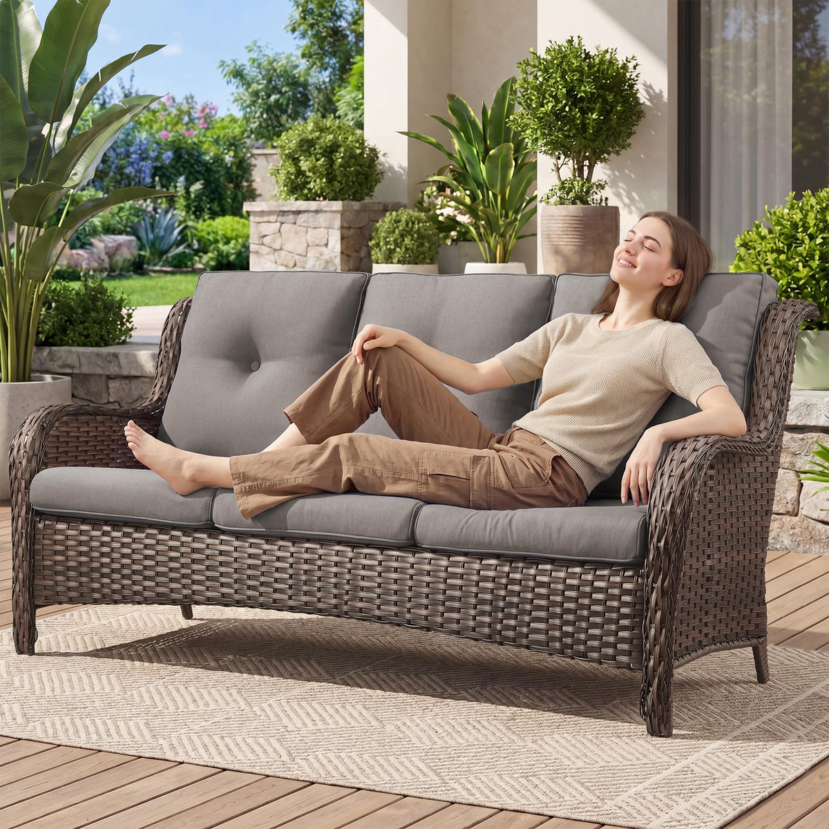 3-Seater PE Wicker Patio Sofa B728778