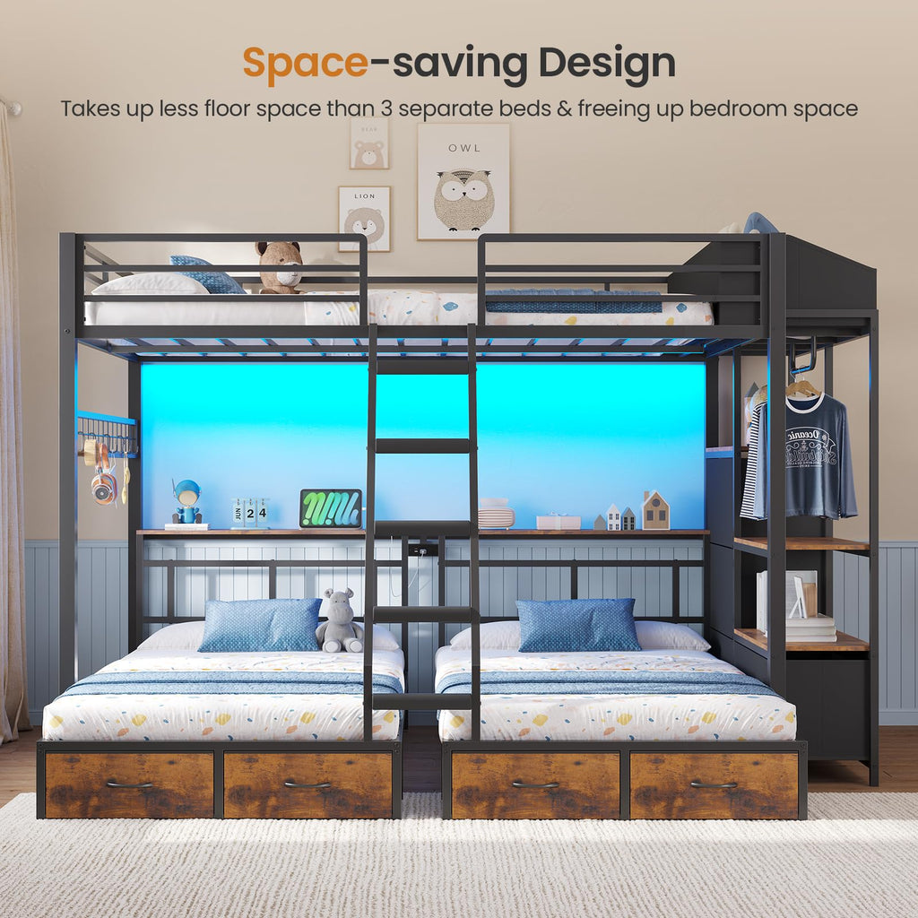Black Triple Bunk Bed with 8 Storage Drawers and Stair C93957