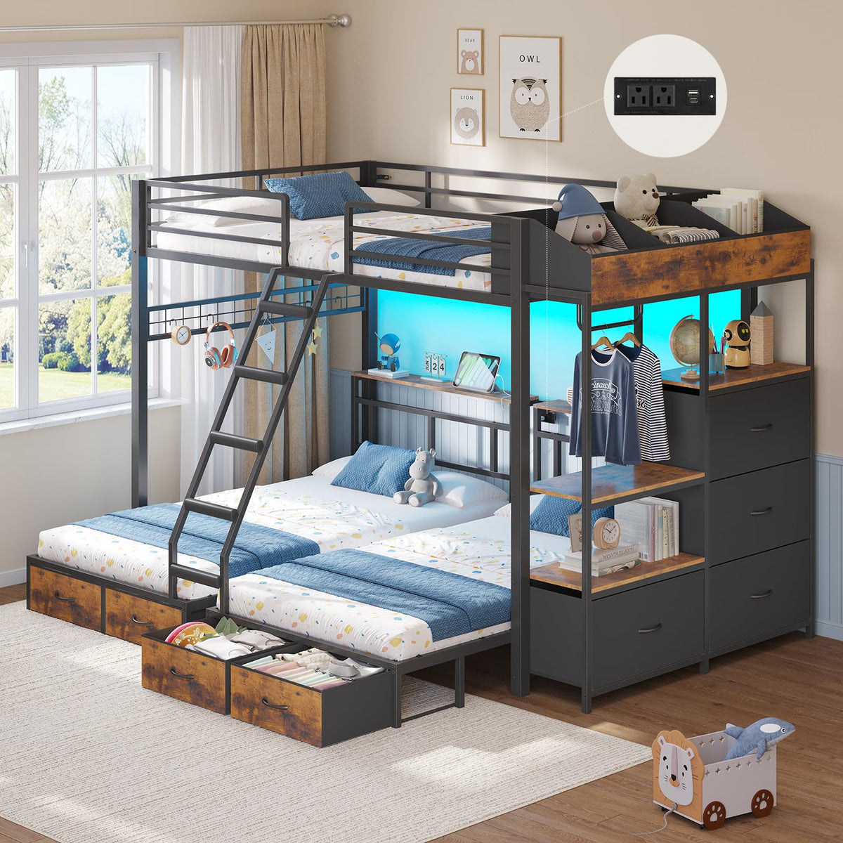 Black Triple Bunk Bed with 8 Storage Drawers and Stair C93957
