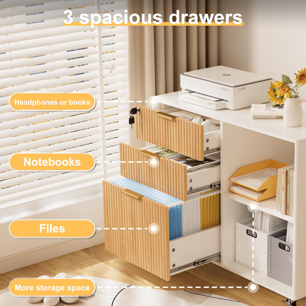3 Drawer Fluted Mobile Filing Cabinet with Lock Z6686