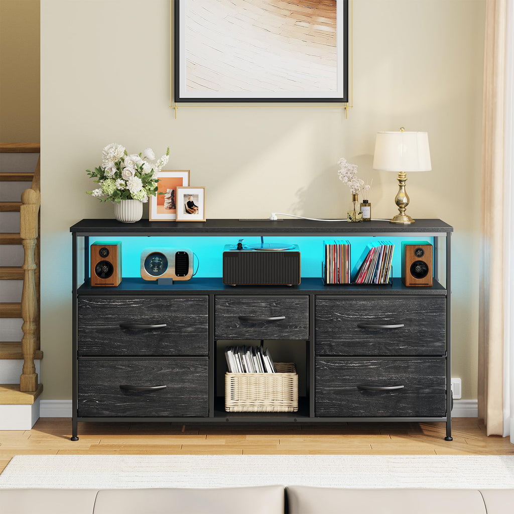 Black TV Stand with LED & Outlets, 5-Drawer Storage I701151