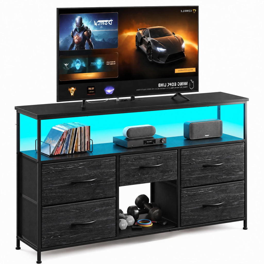 Black TV Stand with LED & Outlets, 5-Drawer Storage I701151