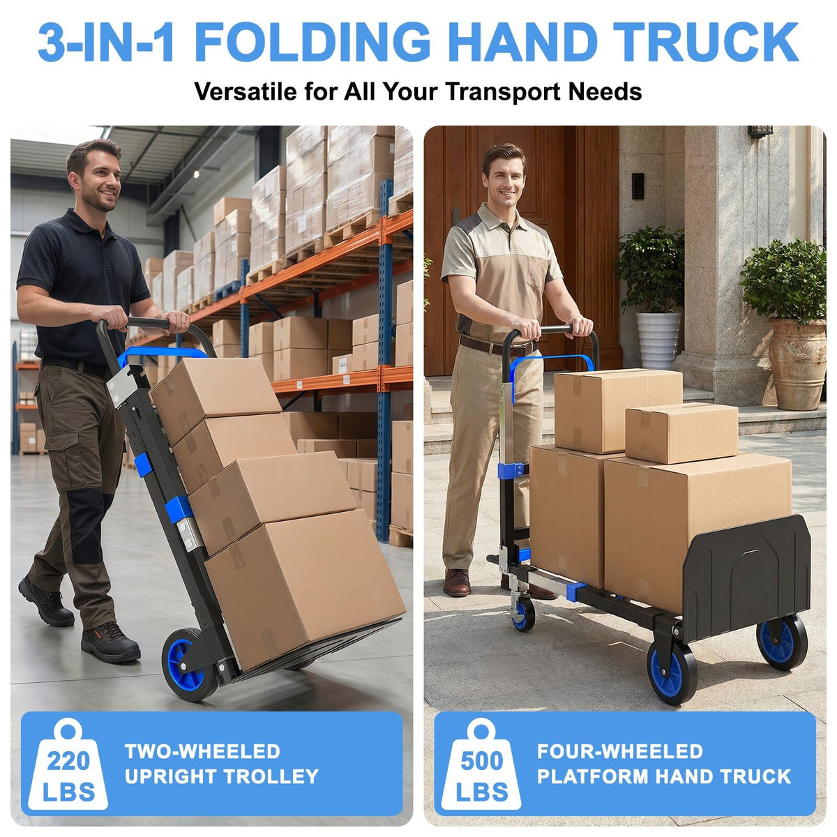 3-in-1 Folding Heavy Duty Hand Truck Dolly Cart Trolley with Wheels (Blue) Z59909