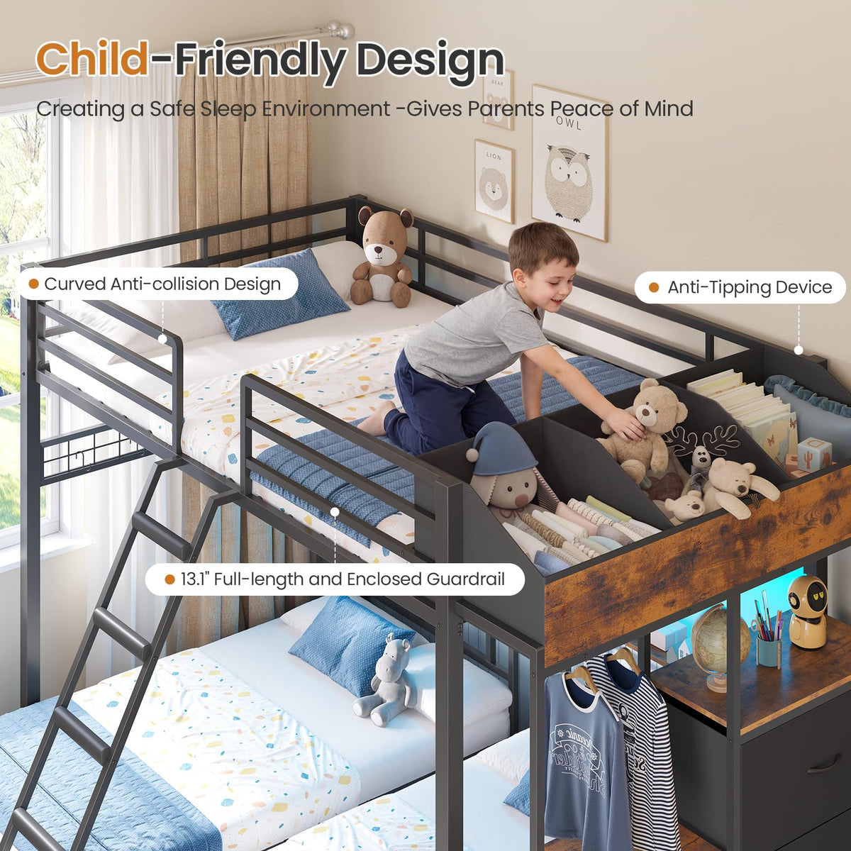 Black Triple Bunk Bed with 8 Storage Drawers and Stair C93957