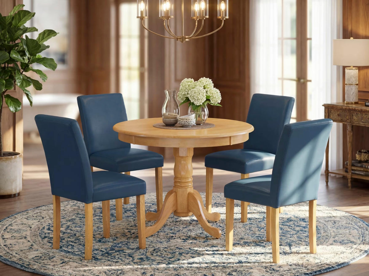 5 Piece Oak Dining Table Set with 4 Blue Faux Leather Chairs K947