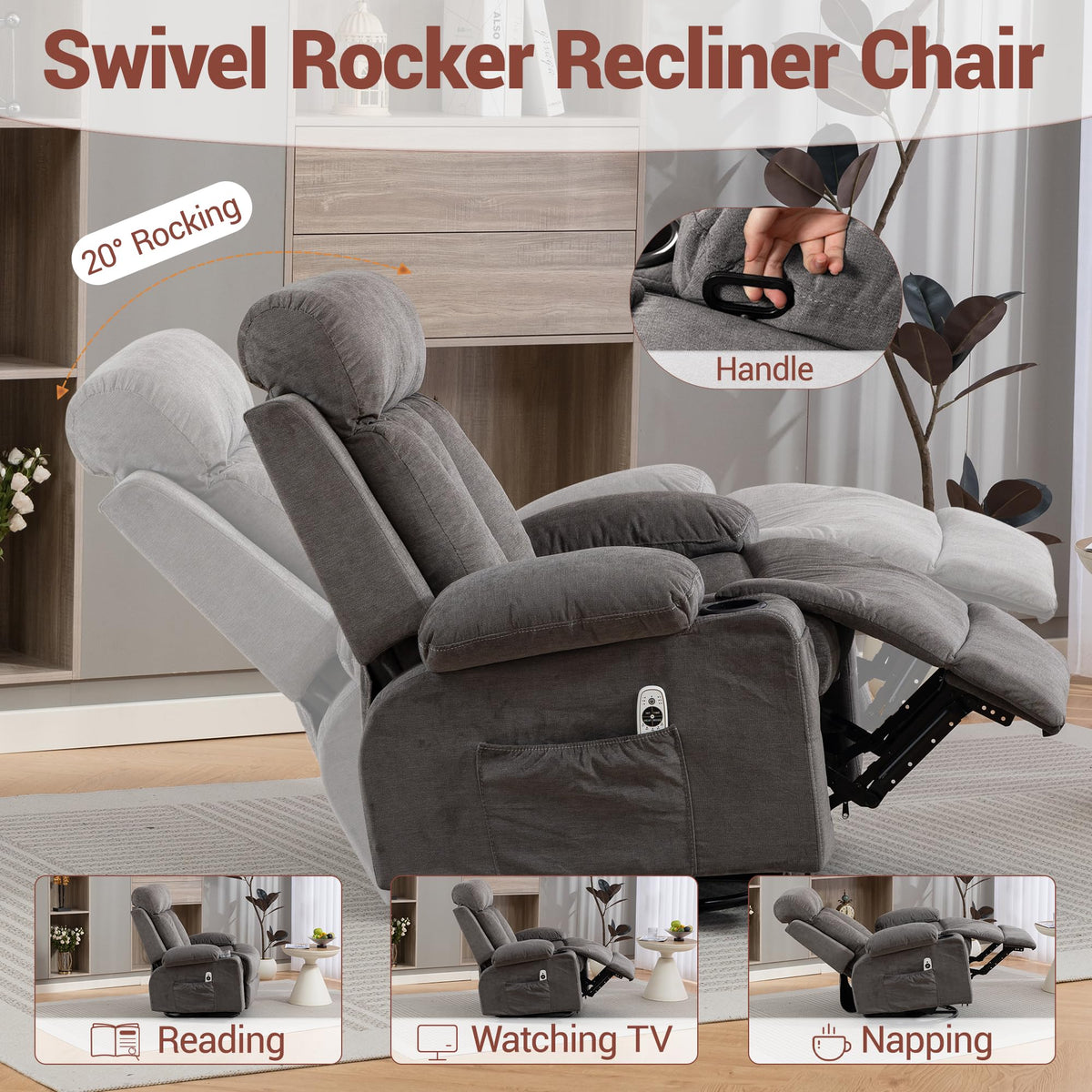 Grey Swivel Rocker Recliner with Massage and Heating F170