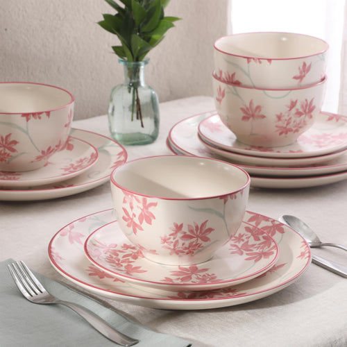 12-Piece Matte Stoneware Dinnerware Set with Pink Floral Pattern M4945