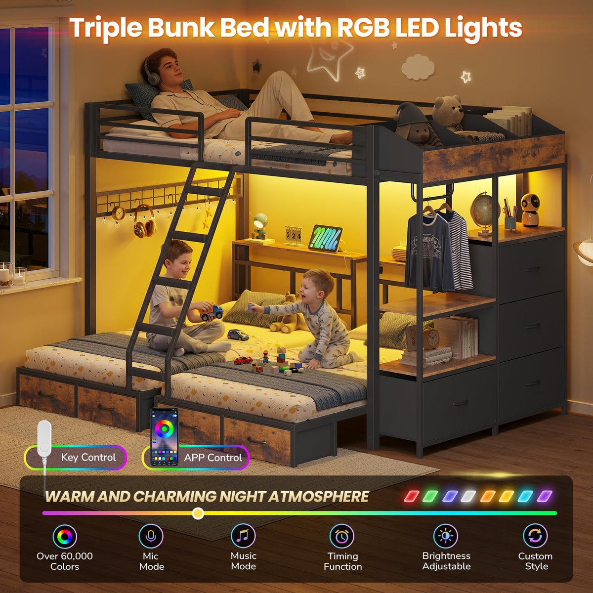 Black Triple Bunk Bed with 8 Storage Drawers and Stair C93957