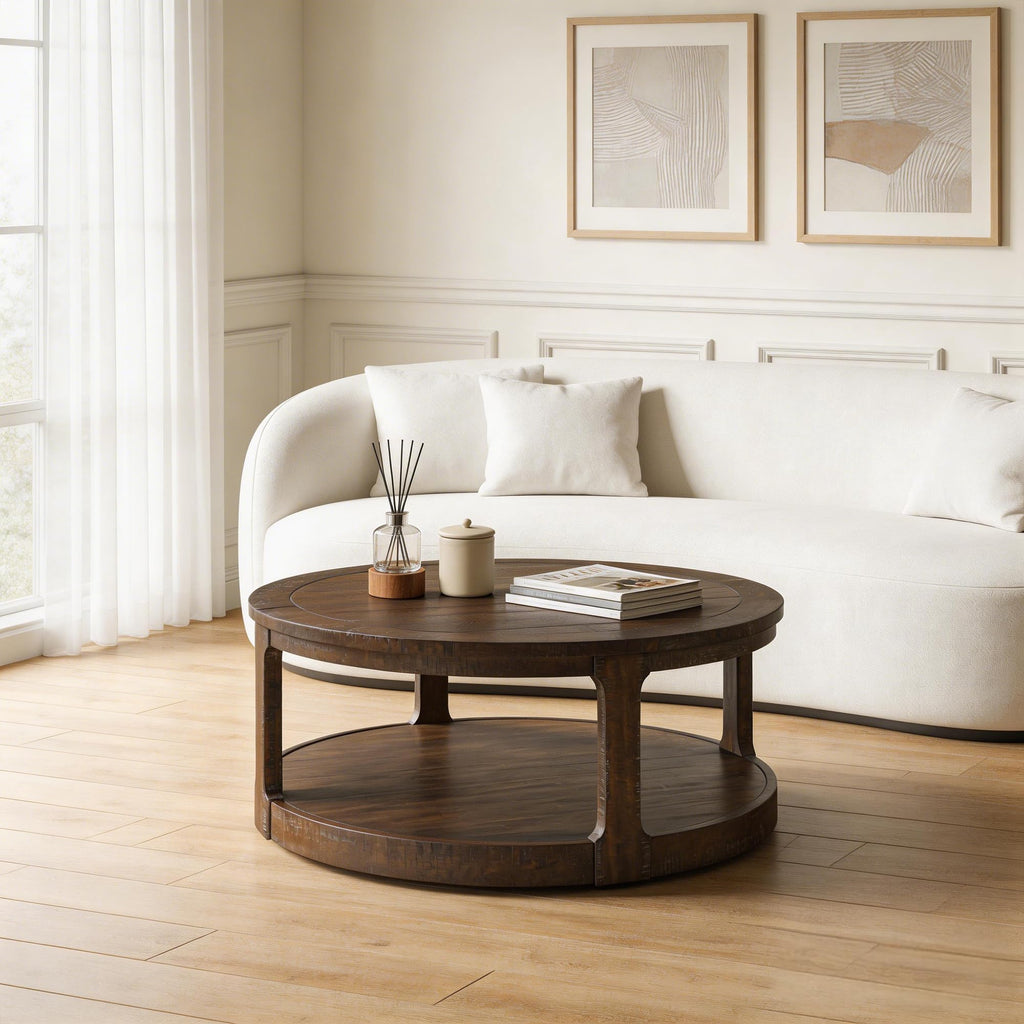 40" Round 2 Tier Solid Wood Coffee Table with Wheels S5552