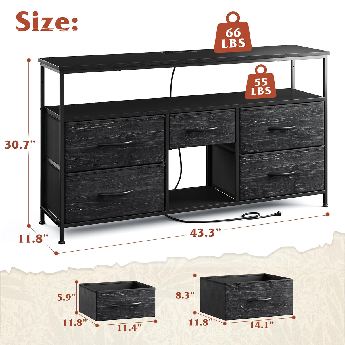 Black TV Stand with LED & Outlets, 5-Drawer Storage I701151