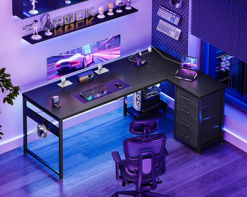61" L Shaped Gaming Desk with 4 Drawers and Power Outlets, Black F384