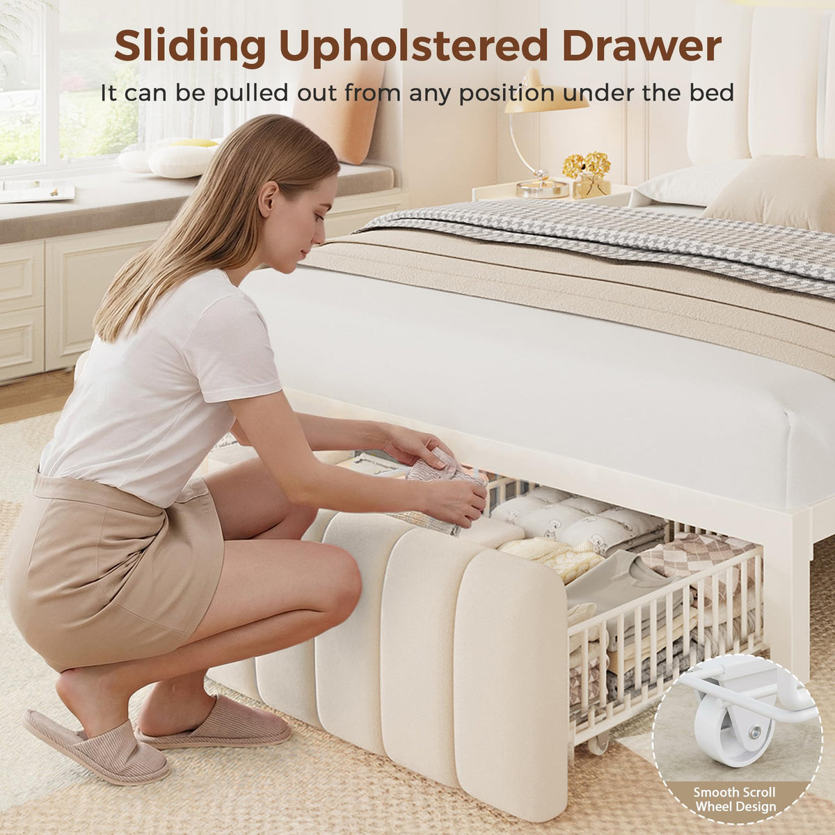 White Upholstered Storage Bed Frame Full Size with Drawers and Charging Station X85553