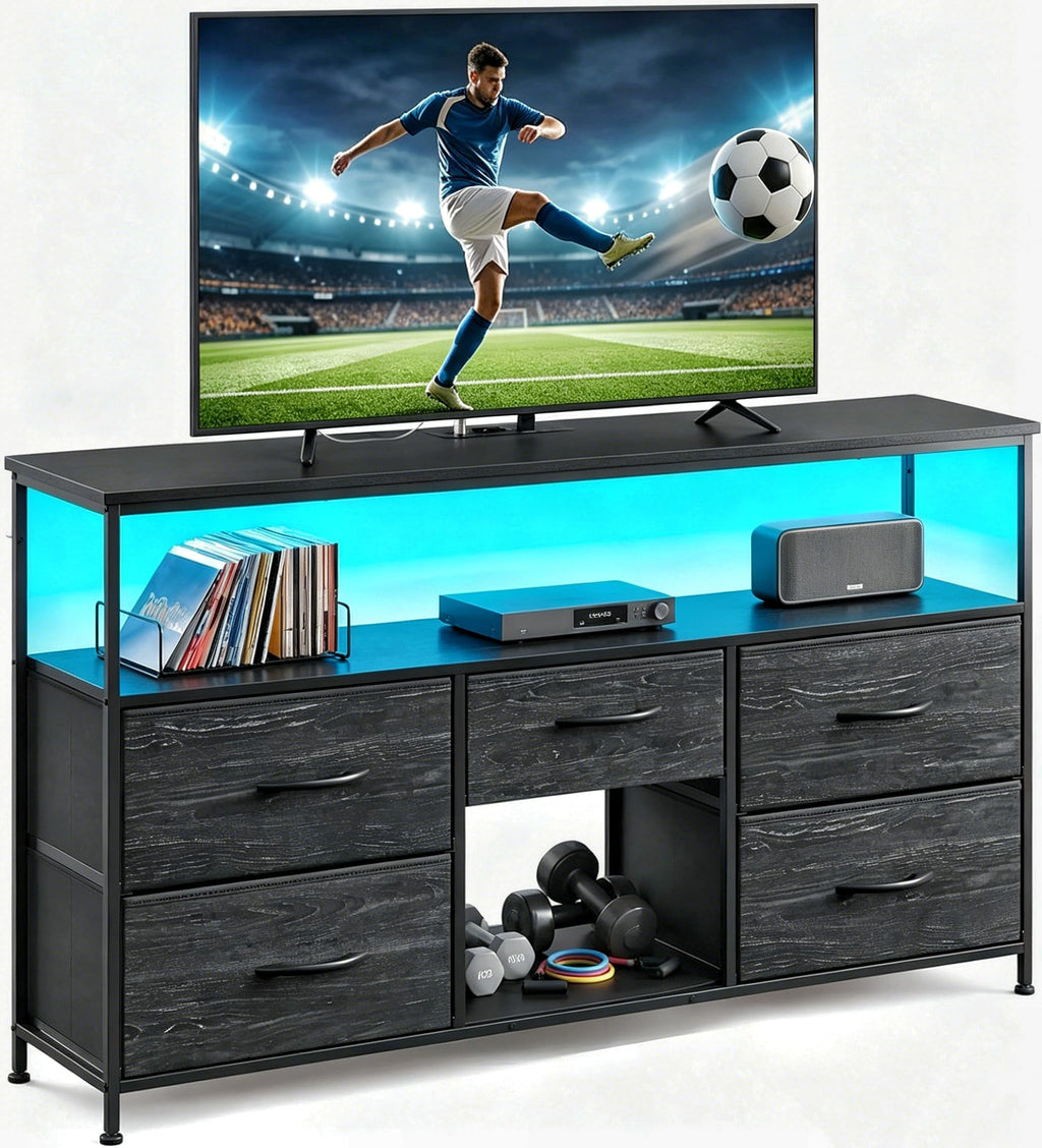 Black TV Stand with LED & Outlets, 5-Drawer Storage I701151