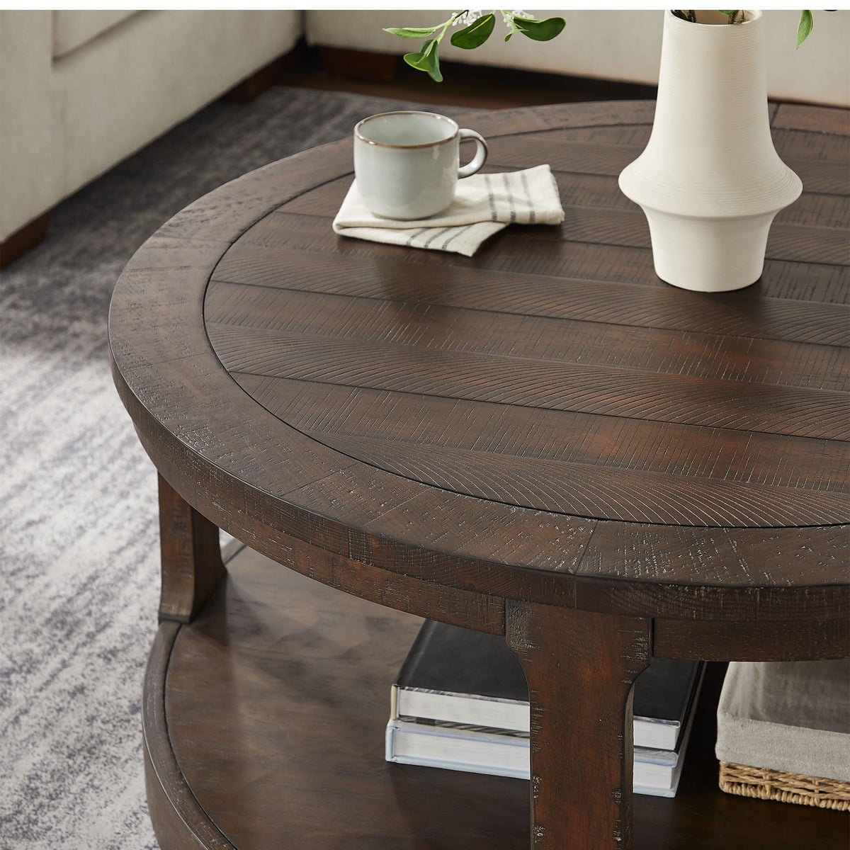 40" Round 2 Tier Solid Wood Coffee Table with Wheels S5552
