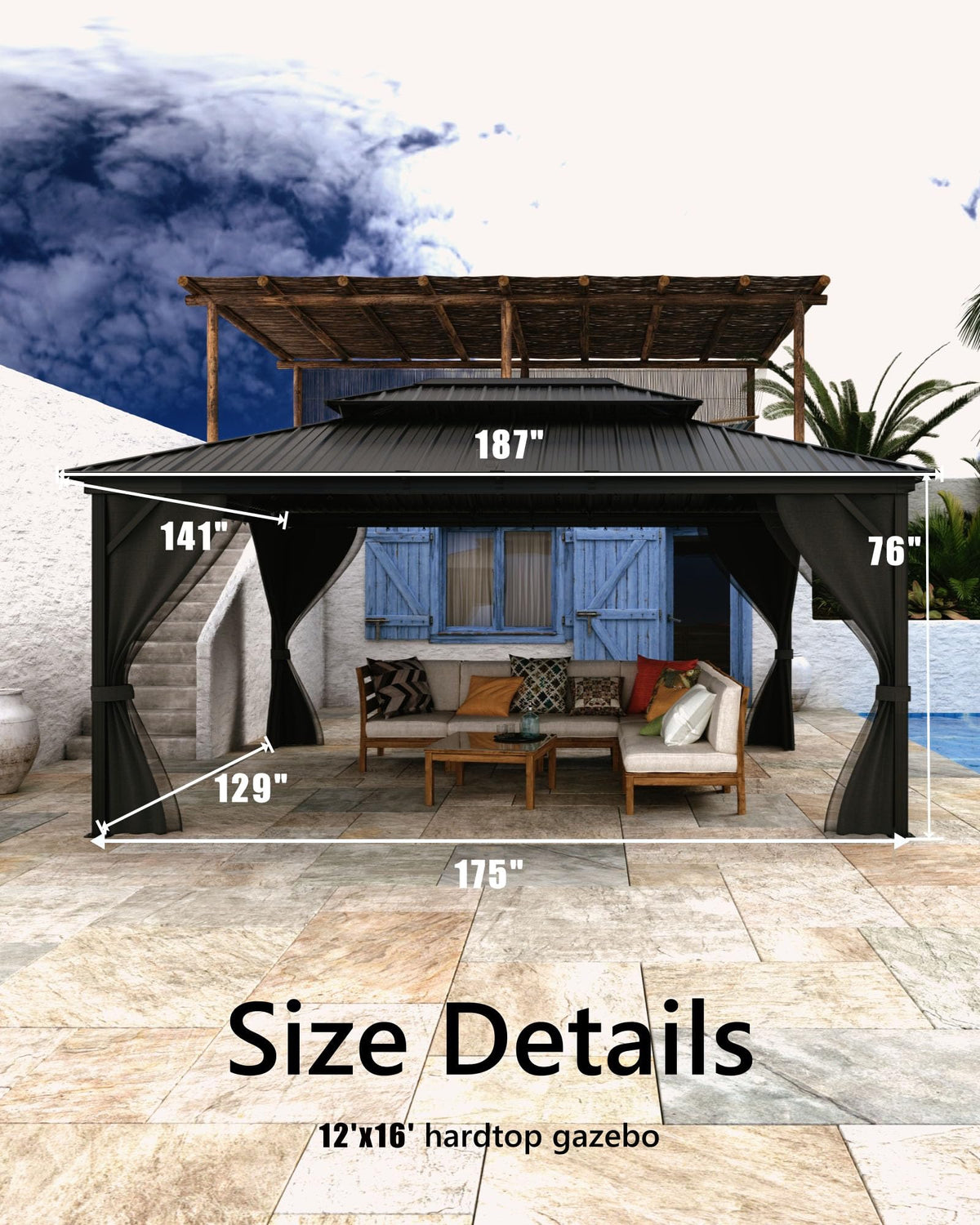 Hardtop Gazebo 12x16 ft with Double Metal Roof, Net, and Curtain F40186