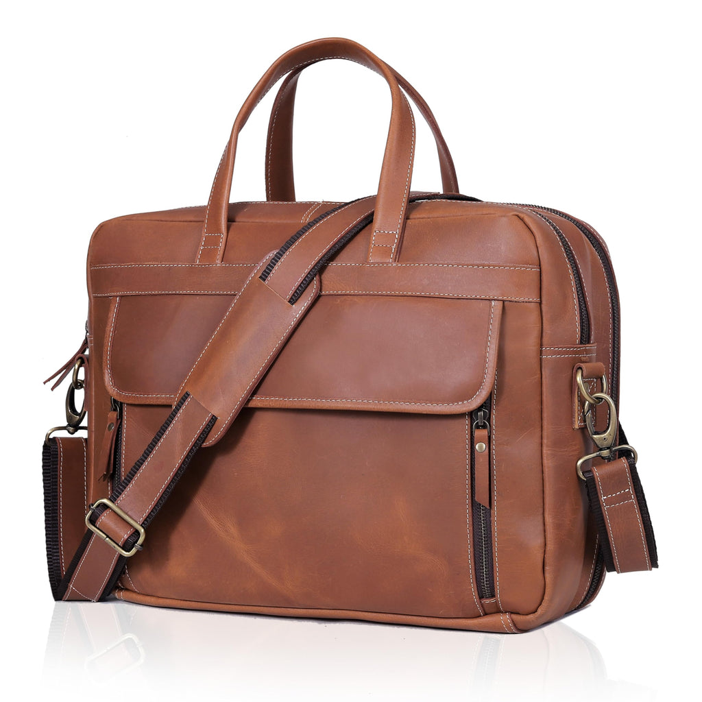 Full Grain Italian Leather Laptop Bag with Multiple Compartments Q895