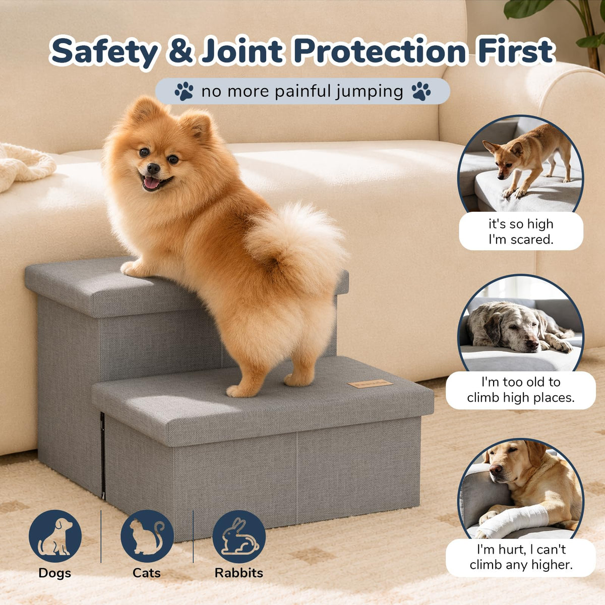 2-Step Wide Dog Stairs with Storage, Non-Slip Foldable Pet Steps, Grey N89836