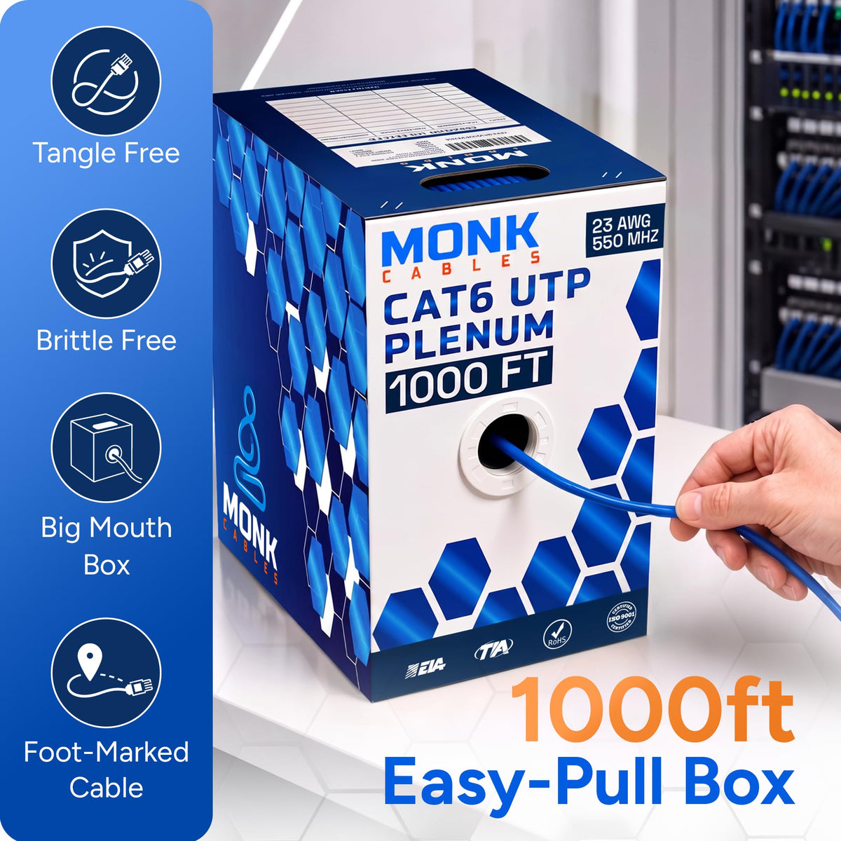 CAT6 Plenum Cable 1000ft UTP 23AWG 550MHz Blue Z640955