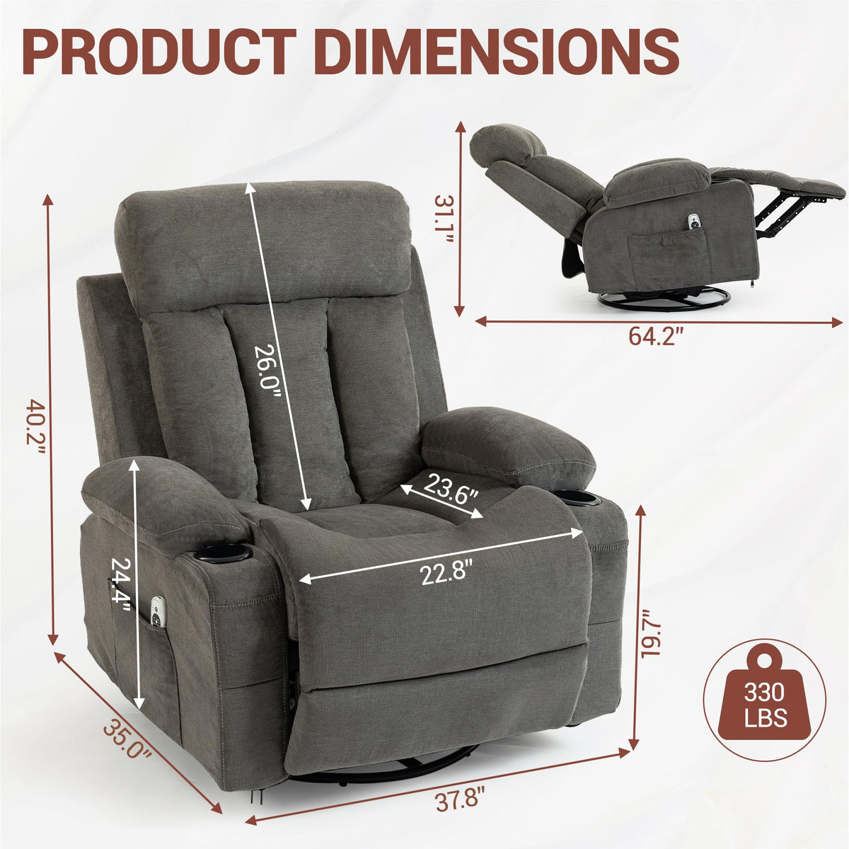 Grey Swivel Rocker Recliner with Massage and Heating F170
