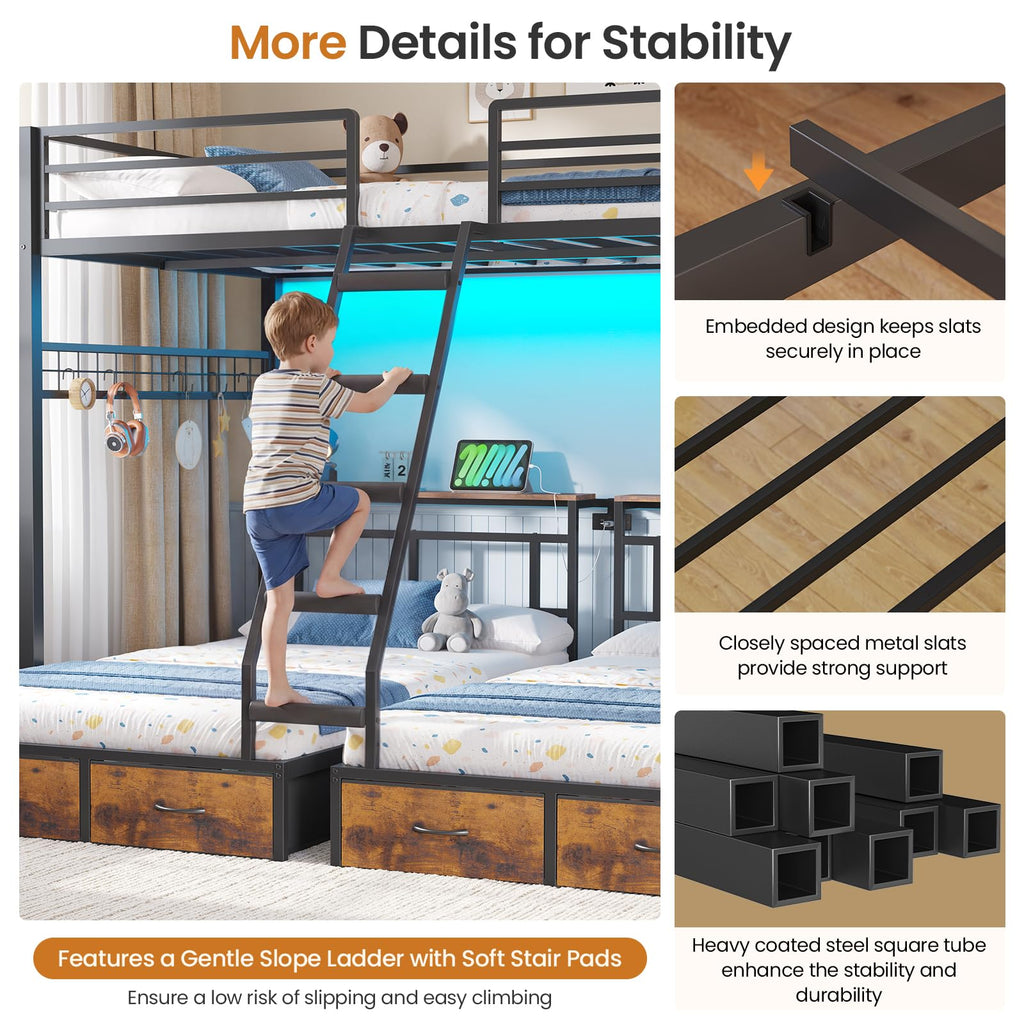 Black Triple Bunk Bed with 8 Storage Drawers and Stair C93957
