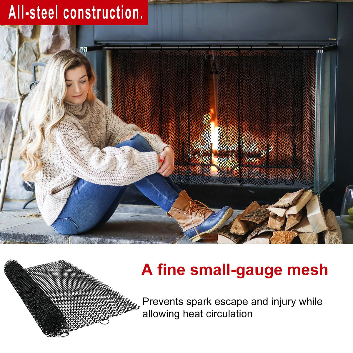 Fireplace Mesh Screen Curtain Kit with Adjustable Rod and Panels 19" H × 24" W Black Matte Y309