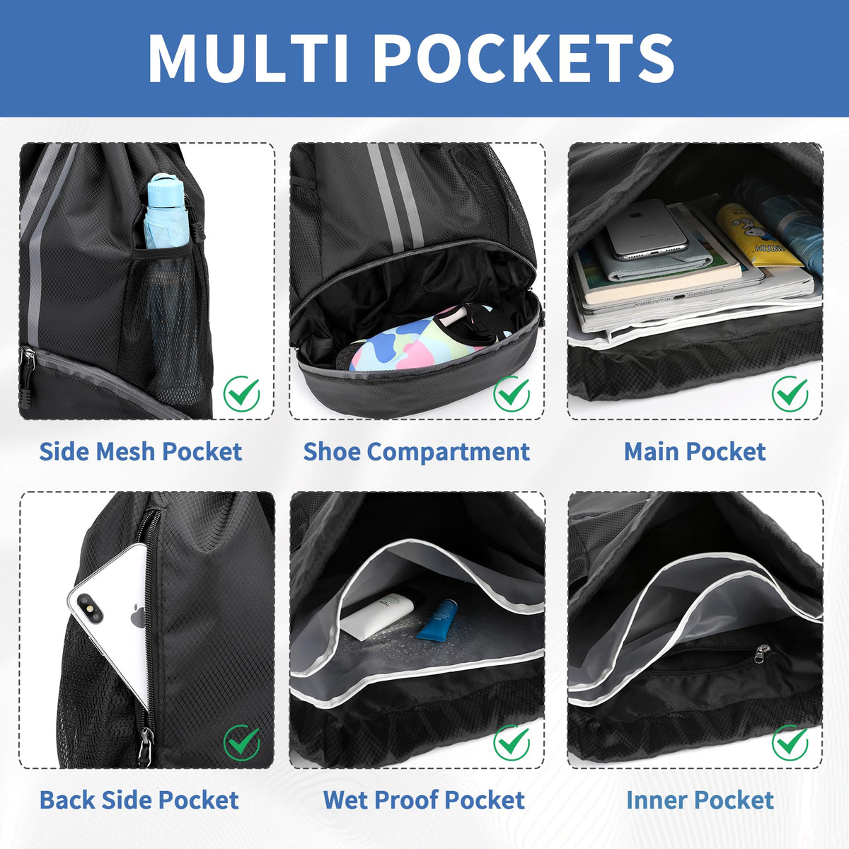 Drawstring Backpack Gym Bag with Shoes Compartment M607295