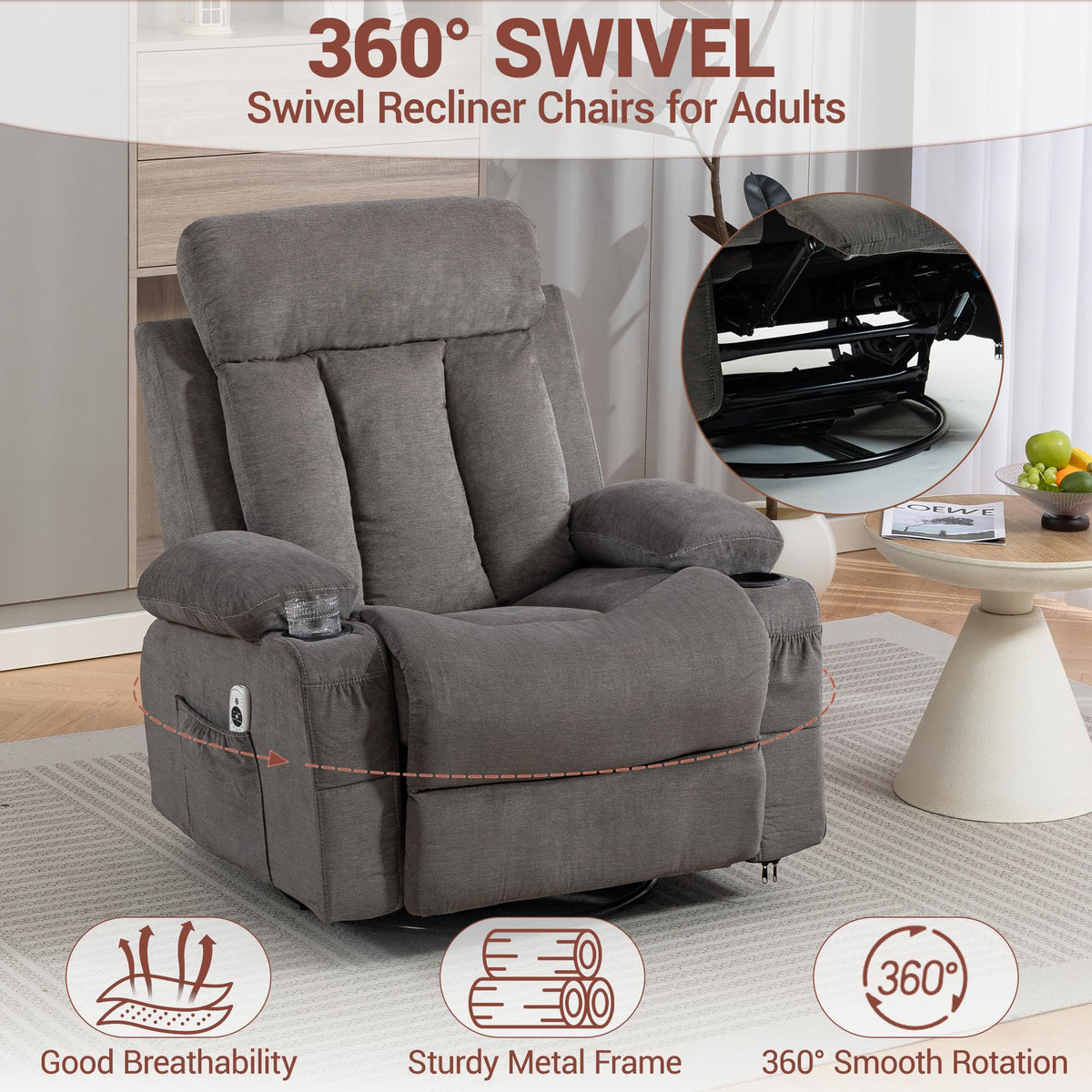 Grey Swivel Rocker Recliner with Massage and Heating F170