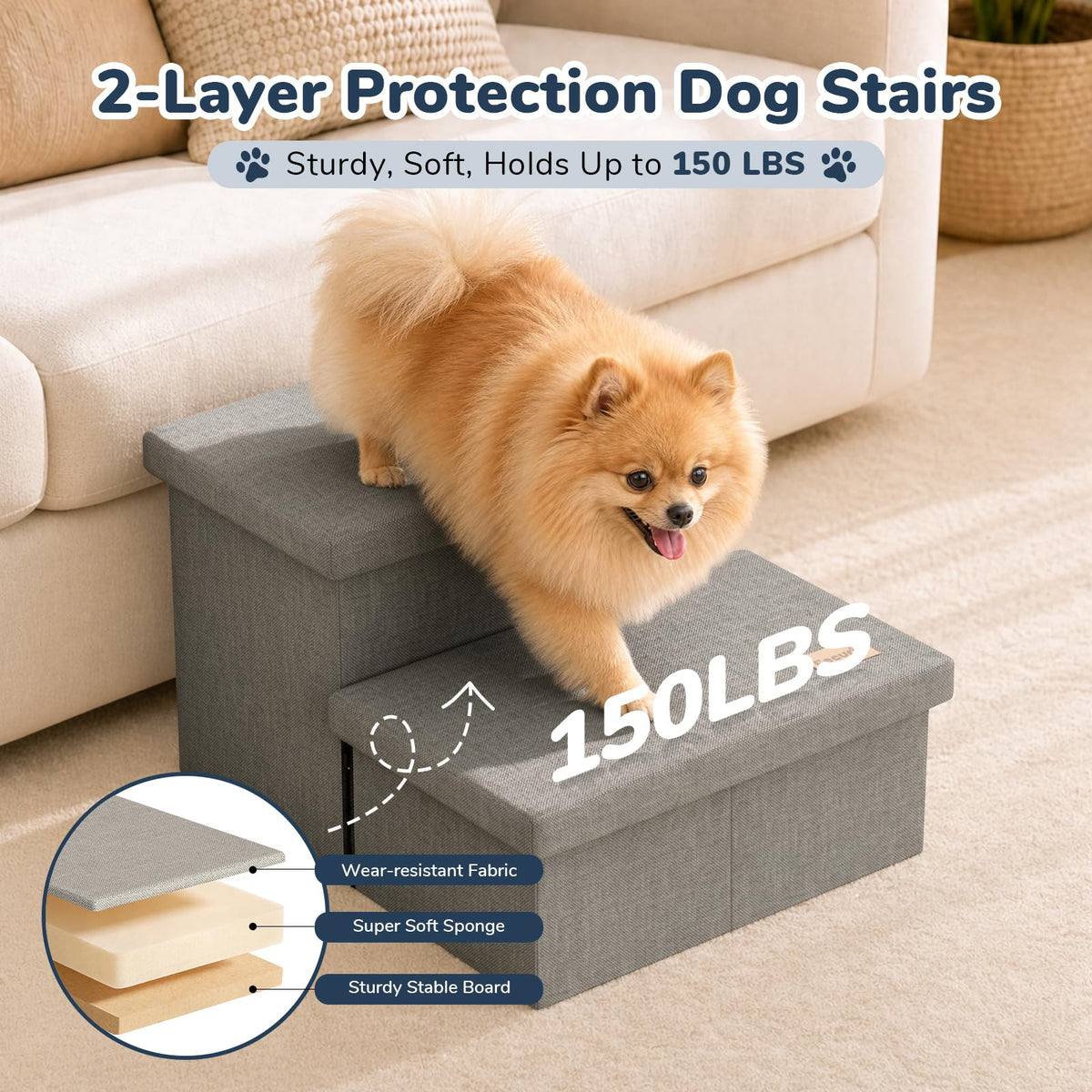 2-Step Wide Dog Stairs with Storage, Non-Slip Foldable Pet Steps, Grey N89836