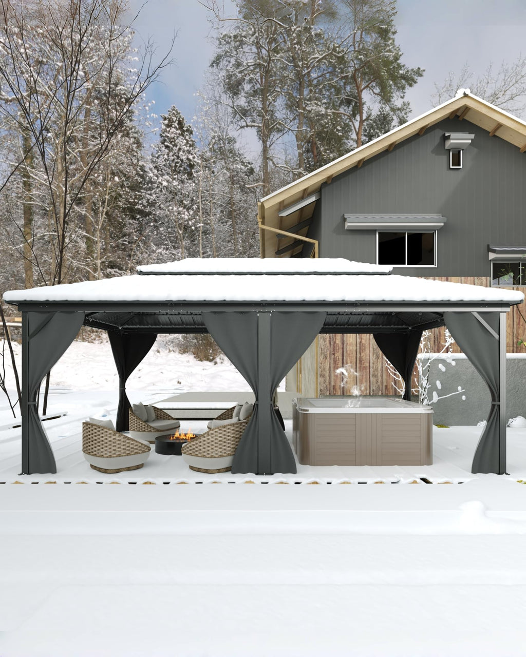 Hardtop Gazebo 12x16 ft with Double Metal Roof, Net, and Curtain F40186