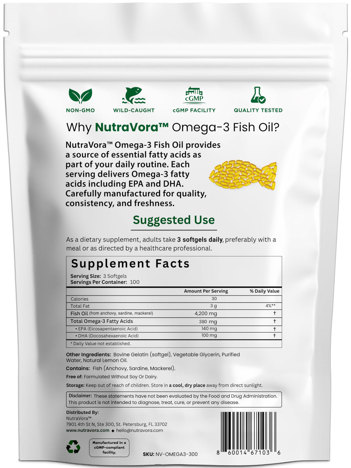 Omega 3 Fish Oil 4,200 mg Lemon Flavor 300 Softgels E521