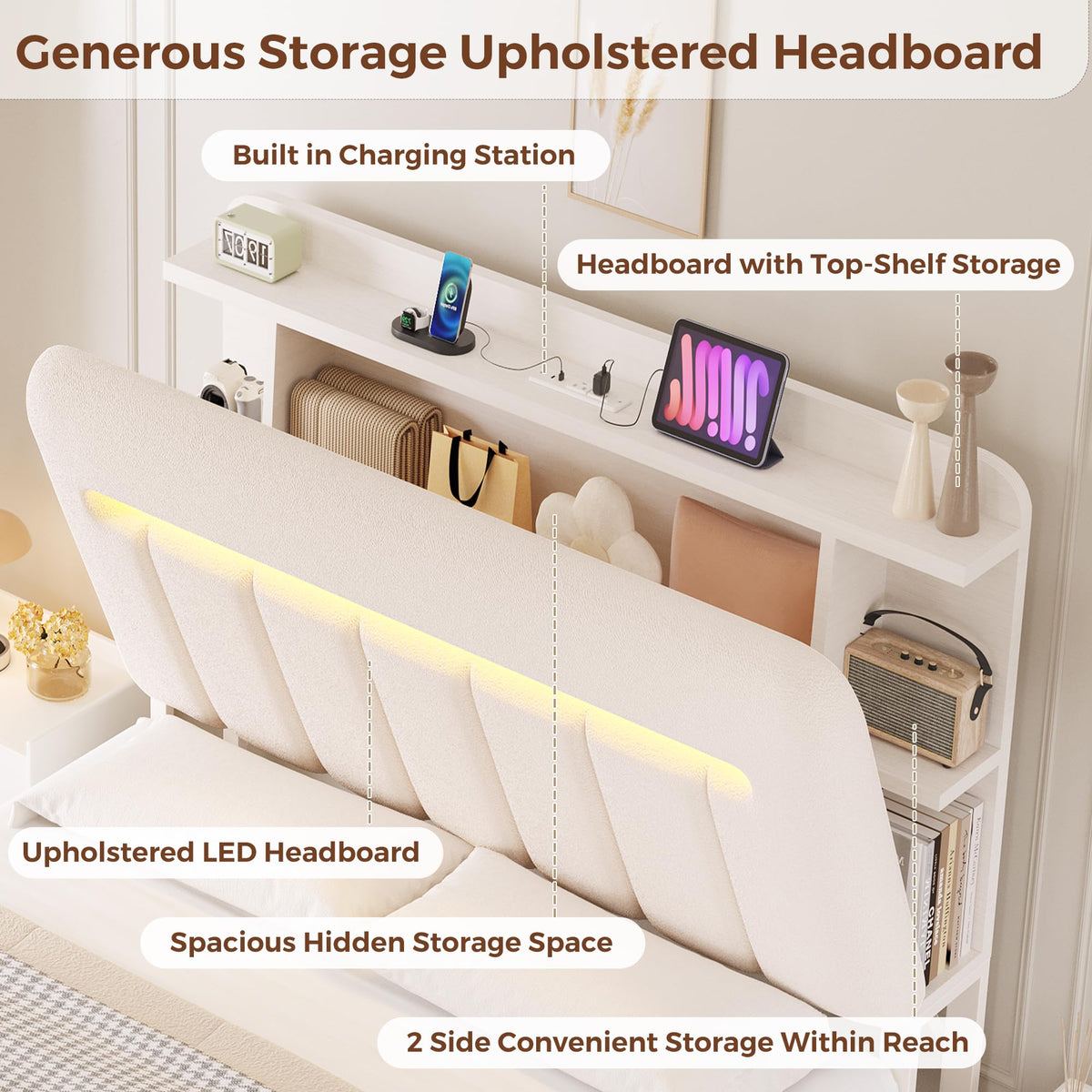 White Upholstered Storage Bed Frame Full Size with Drawers and Charging Station X85553