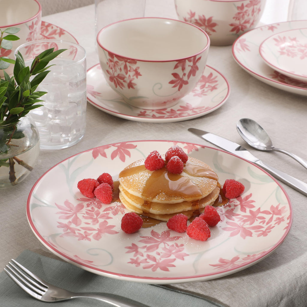 12-Piece Matte Stoneware Dinnerware Set with Pink Floral Pattern M4945