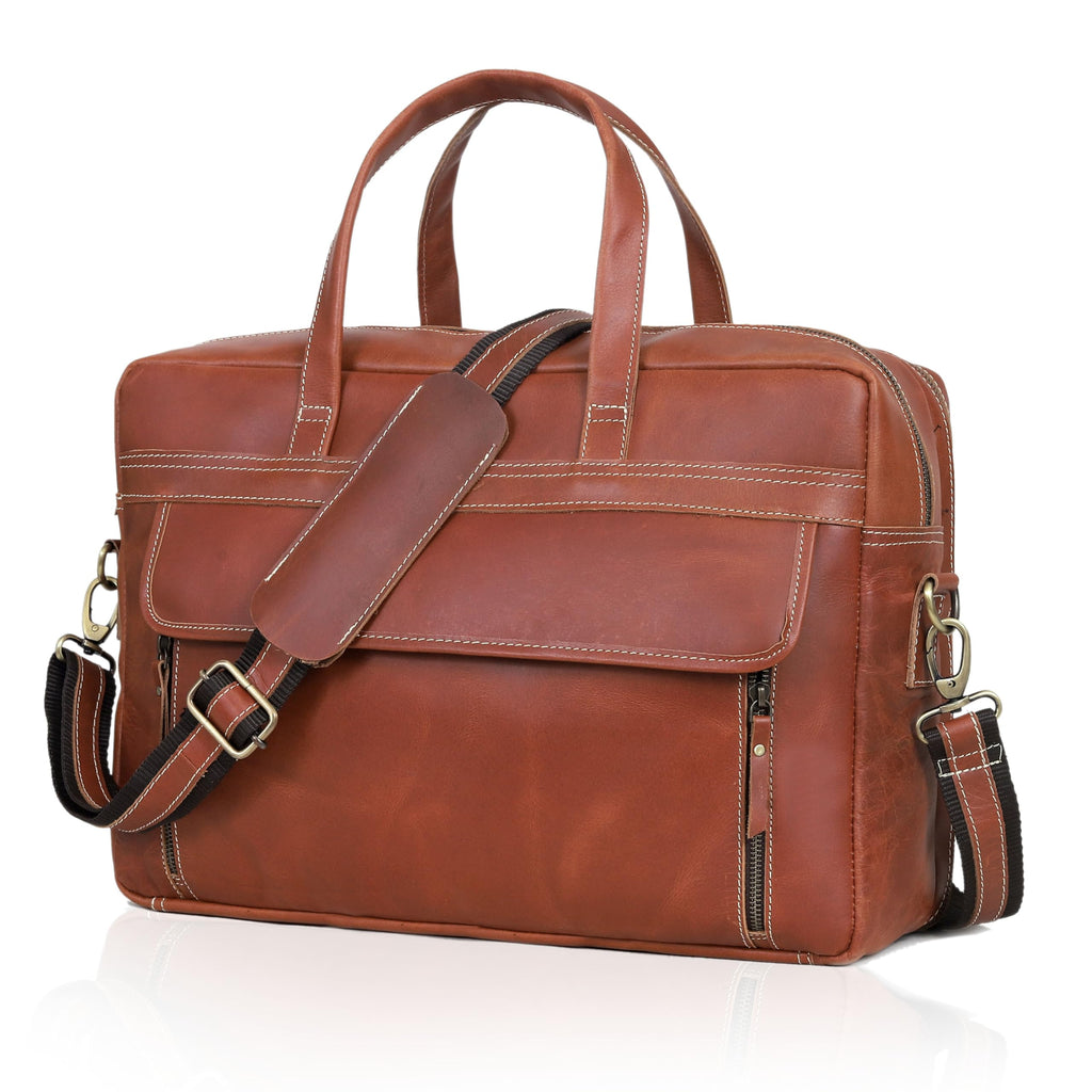 Full Grain Italian Leather Laptop Bag with Multiple Compartments Q895