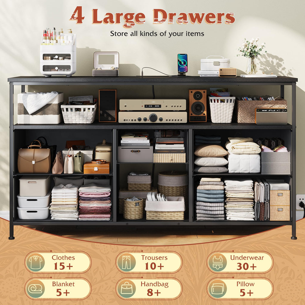 Black TV Stand with LED & Outlets, 5-Drawer Storage I701151