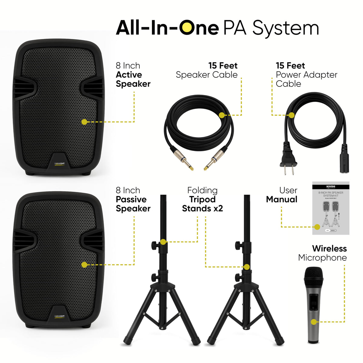 8-Inch Bluetooth PA Speaker Set with Stands and Cable Z3933