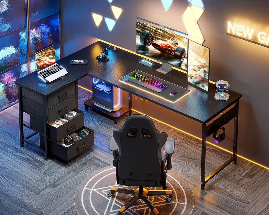 61" L Shaped Gaming Desk with 4 Drawers and Power Outlets, Black F384
