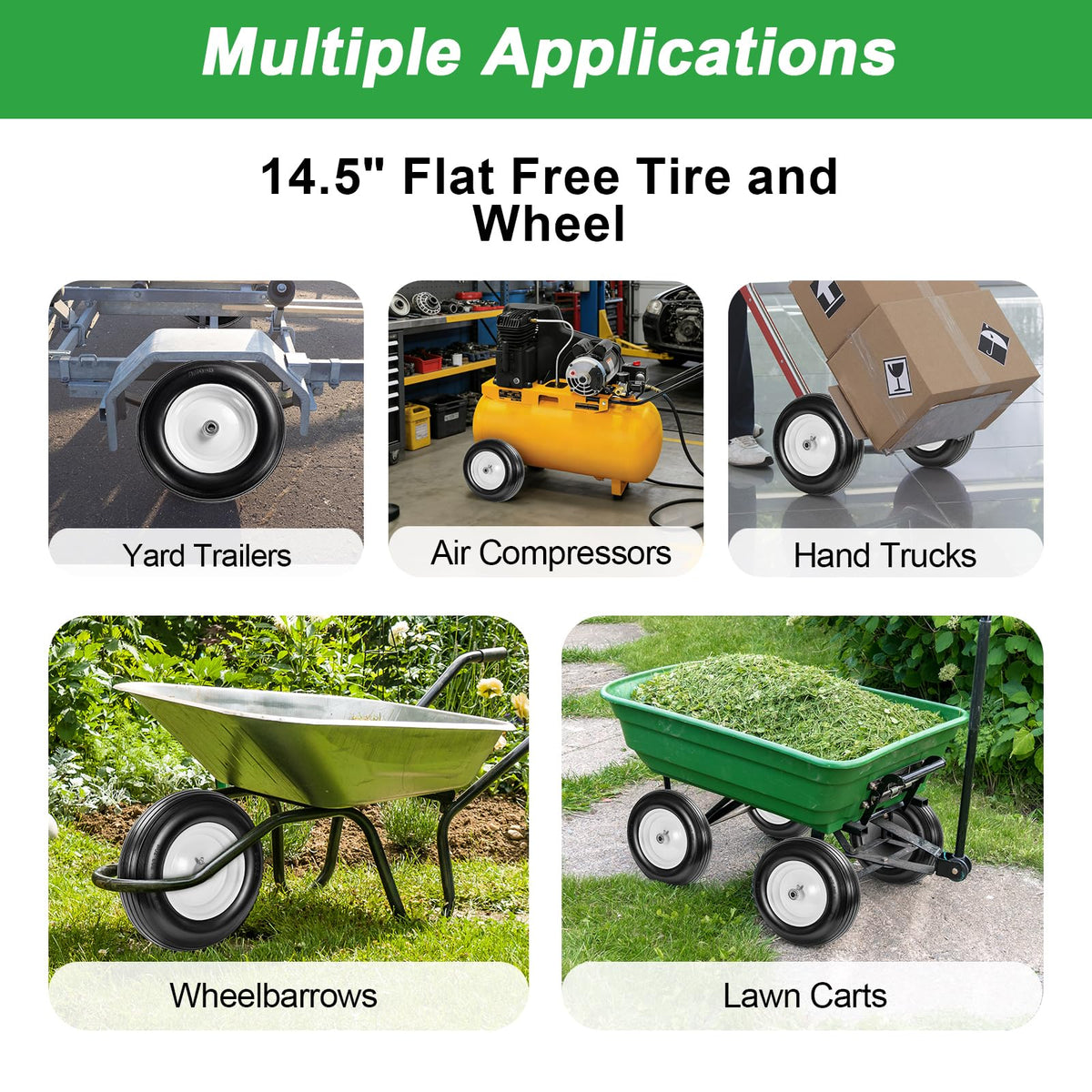 14.5" Flat Free Wheelbarrow Tire with 3/4" & 5/8" Bearing I651717