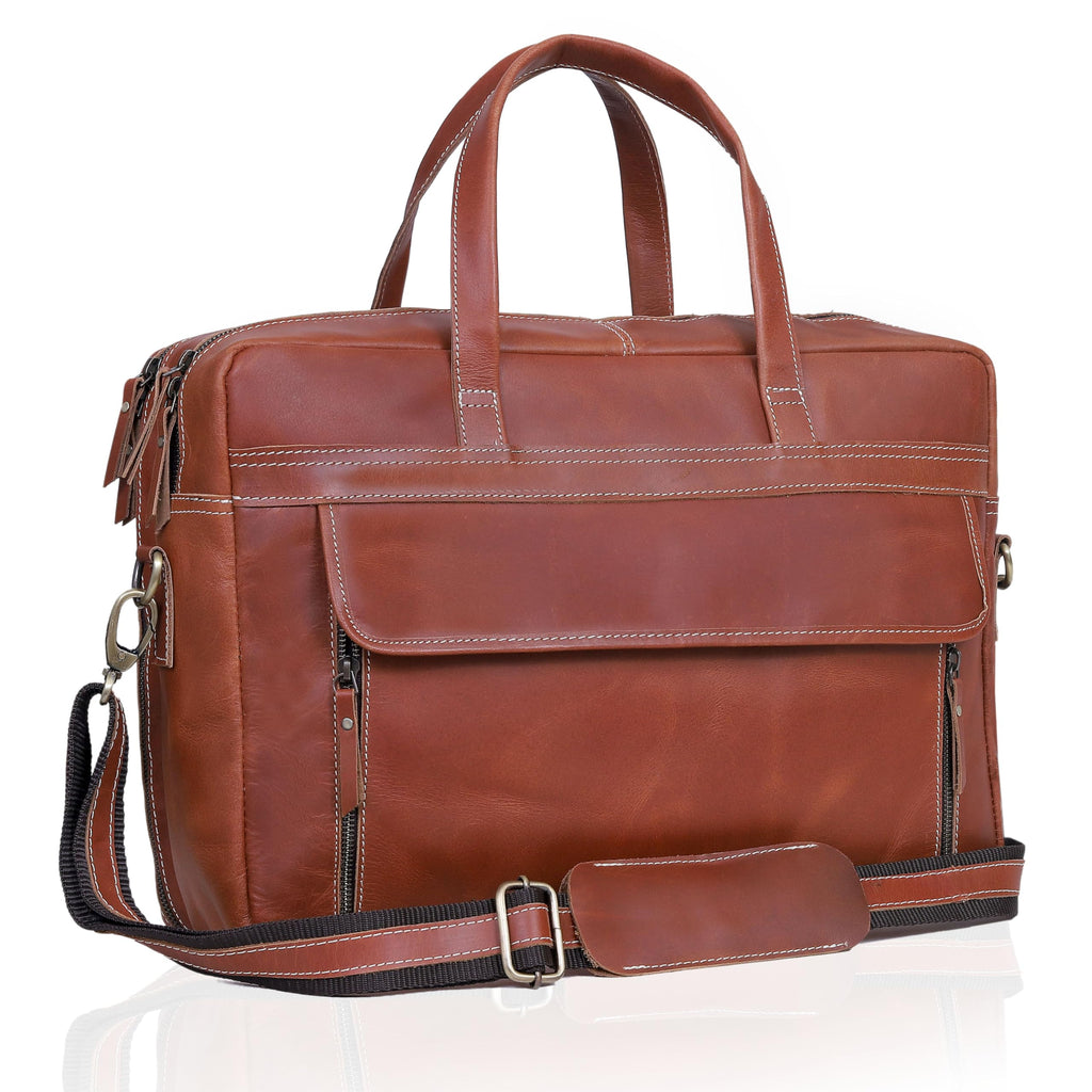 Full Grain Italian Leather Laptop Bag with Multiple Compartments Q895