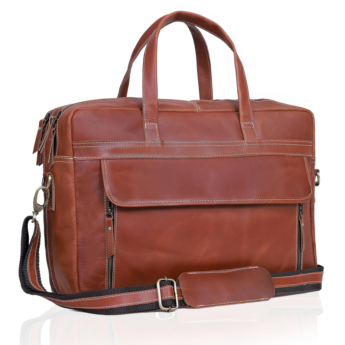 Full Grain Italian Leather Laptop Bag with Multiple Compartments Q895