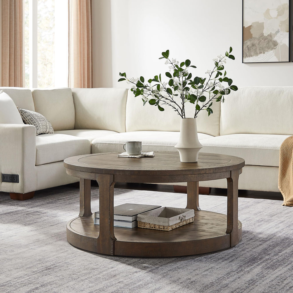 40" Round 2 Tier Solid Wood Coffee Table with Wheels S5552